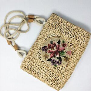 Vintage Straw Woven & Embroidered Handbag